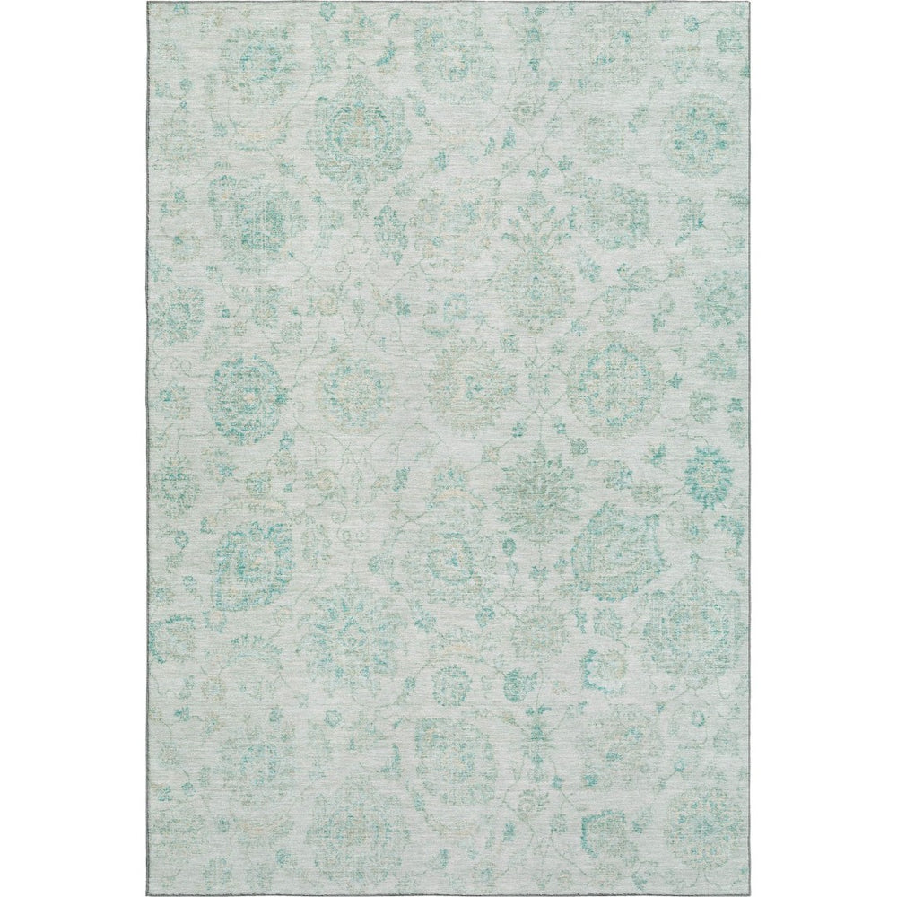 HomeRoots 5' X 8' Turquoise & Beige Damask Washable Area Rug - Stylish, Durable, UV-Protected for Home Elegance 705139