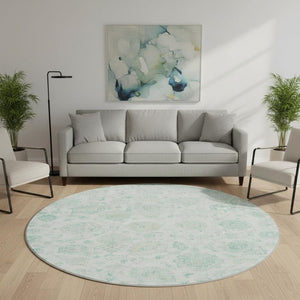 HomeRoots 8' Turquoise and Beige Damask Round Rug - Stylish, Washable, UV-Protected, Pet-Friendly Design! 705140