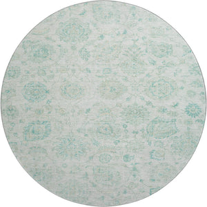 HomeRoots 8' Turquoise and Beige Damask Round Rug - Stylish, Washable, UV-Protected, Pet-Friendly Design! 705140