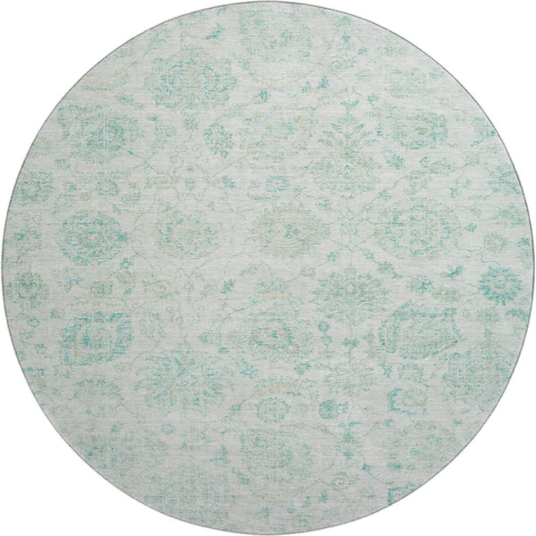 HomeRoots 8' Turquoise and Beige Damask Round Rug - Stylish, Washable, UV-Protected, Pet-Friendly Design! 705140