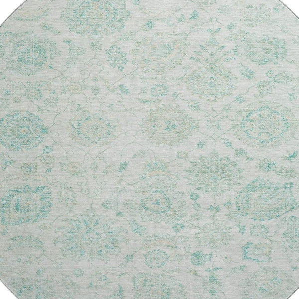 HomeRoots 8' Turquoise and Beige Damask Round Rug - Stylish, Washable, UV-Protected, Pet-Friendly Design! 705140