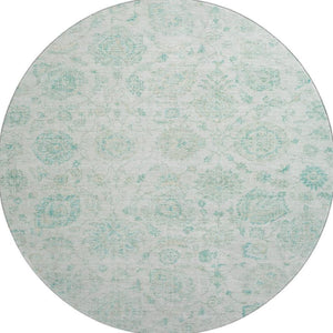 HomeRoots 8' Turquoise and Beige Damask Round Rug - Stylish, Washable, UV-Protected, Pet-Friendly Design! 705140