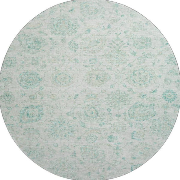 HomeRoots 8' Turquoise and Beige Damask Round Rug - Stylish, Washable, UV-Protected, Pet-Friendly Design! 705140