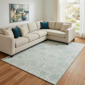 HomeRoots 8' X 10' Turquoise and Beige Damask Area Rug - Washable, UV Protected, Perfect for High-Traffic Spaces! 705141