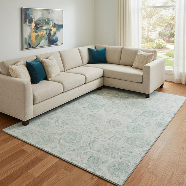 HomeRoots 8' X 10' Turquoise and Beige Damask Area Rug - Washable, UV Protected, Perfect for High-Traffic Spaces! 705141