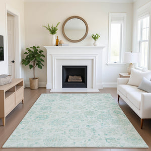 HomeRoots 8' X 10' Turquoise and Beige Damask Area Rug - Washable, UV Protected, Perfect for High-Traffic Spaces! 705141