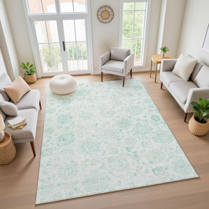 HomeRoots 8' X 10' Turquoise and Beige Damask Area Rug - Washable, UV Protected, Perfect for High-Traffic Spaces! 705141