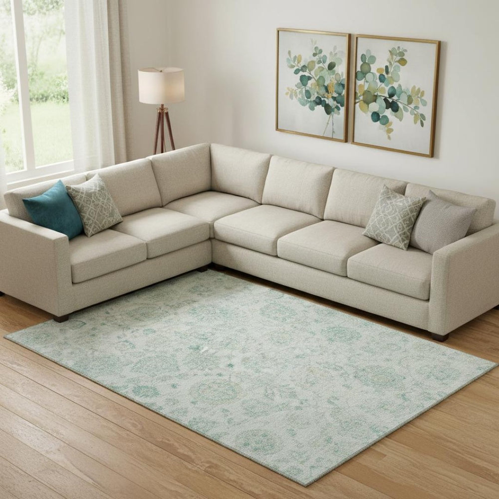 HomeRoots 9' X 12' Turquoise & Beige Damask Washable Area Rug with UV Protection for Homes with Kids & Pets 705142