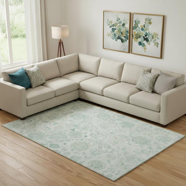 HomeRoots 9' X 12' Turquoise & Beige Damask Washable Area Rug with UV Protection for Homes with Kids & Pets 705142