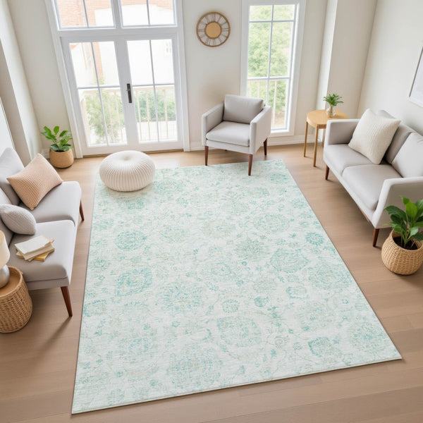 HomeRoots 10' X 14' Turquoise & Beige Damask Washable Area Rug - Stylish, Durable, UV-Protected & Non-Slip! 705143
