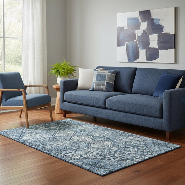 HomeRoots 5' X 8' Blue and Ivory Geometric Area Rug - Washable, UV-Protected, Stain-Resistant, Modern Decor 705145