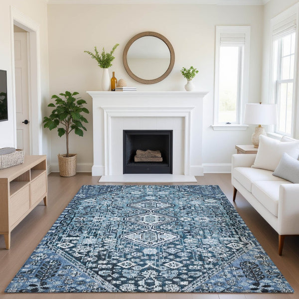 HomeRoots 5' X 8' Blue and Ivory Geometric Area Rug - Washable, UV-Protected, Stain-Resistant, Modern Decor 705145