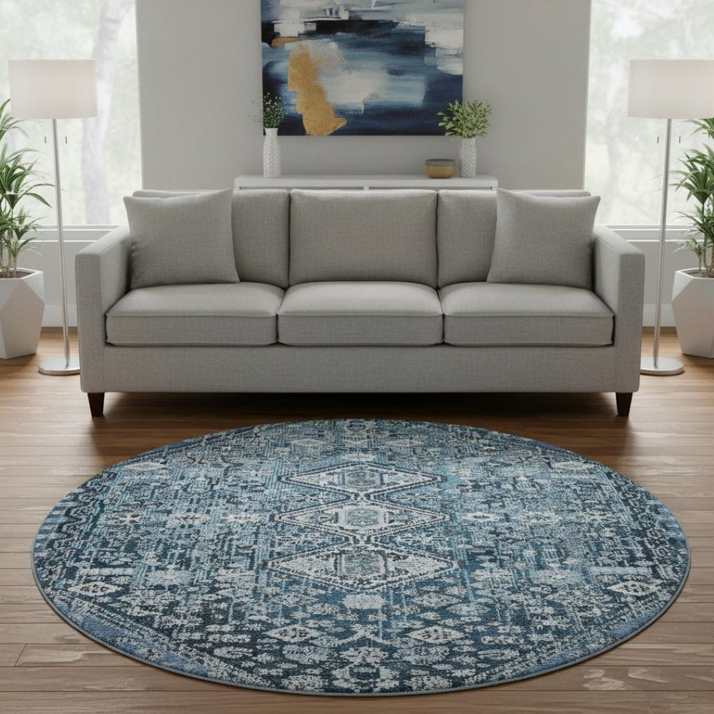 HomeRoots 8' Blue And Ivory Geometric Round Washable Rug – UV Protected, Durable, Family-Friendly Design! 705146