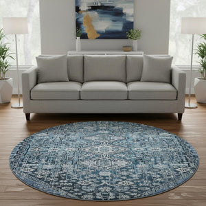 HomeRoots 8' Blue And Ivory Geometric Round Washable Rug – UV Protected, Durable, Family-Friendly Design! 705146