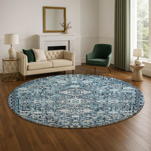 HomeRoots 8' Blue And Ivory Geometric Round Washable Rug – UV Protected, Durable, Family-Friendly Design! 705146