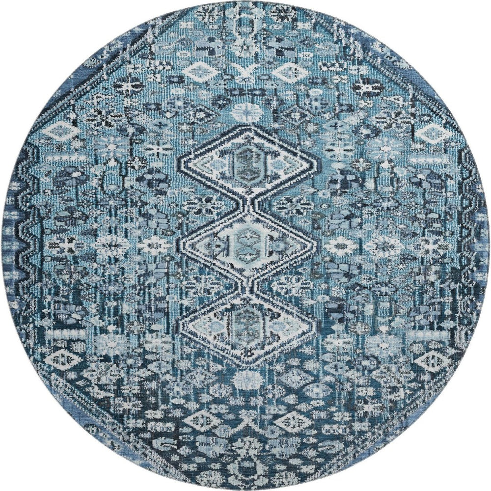 HomeRoots 8' Blue And Ivory Geometric Round Washable Rug – UV Protected, Durable, Family-Friendly Design! 705146