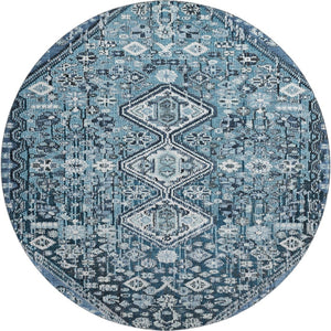 HomeRoots 8' Blue And Ivory Geometric Round Washable Rug – UV Protected, Durable, Family-Friendly Design! 705146