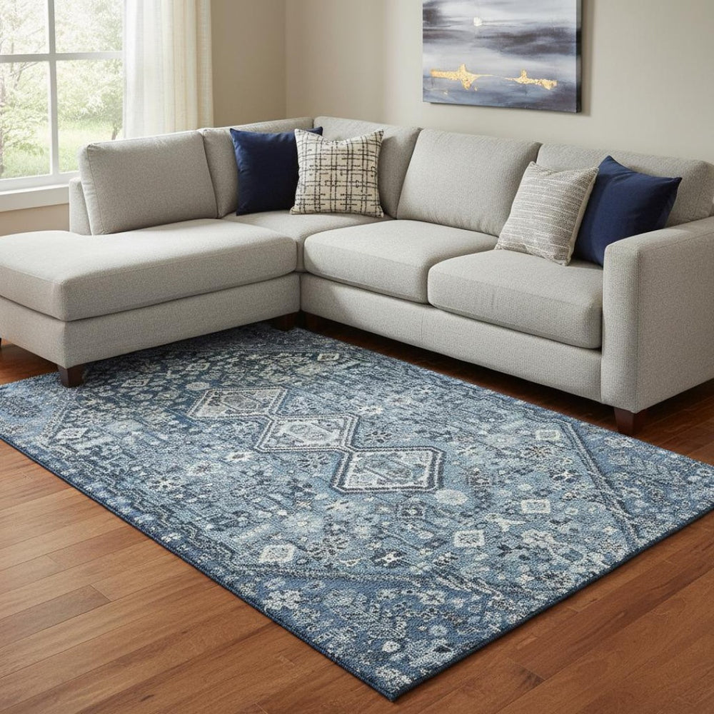 HomeRoots 8' X 10' Blue and Ivory Geometric Area Rug - Washable, UV Protected, Perfect for High-Traffic Spaces! 705147