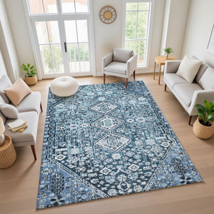 HomeRoots 10' Blue and Ivory Geometric Washable Area Rug – Durable, UV Protected, Perfect for Family Spaces! 705149