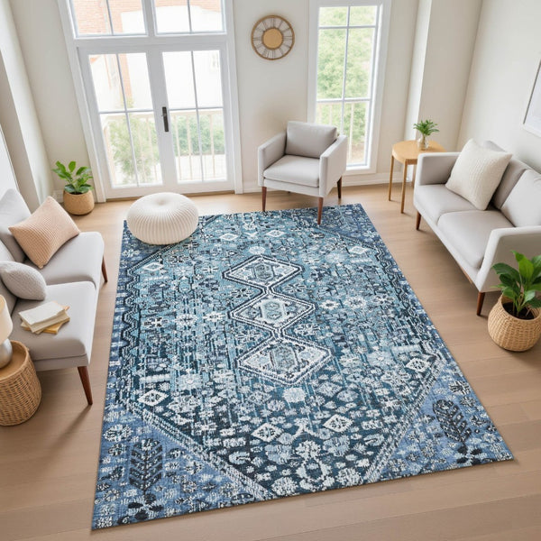 HomeRoots 10' Blue and Ivory Geometric Washable Area Rug – Durable, UV Protected, Perfect for Family Spaces! 705149
