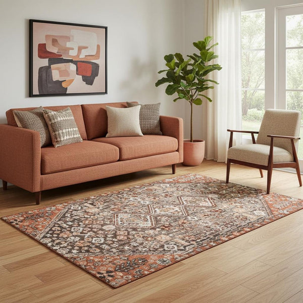 HomeRoots 5' X 8' Geometric Area Rug in Chocolate, Rust & Ivory - Washable, UV-Protected & Stain-Resistant! 705151