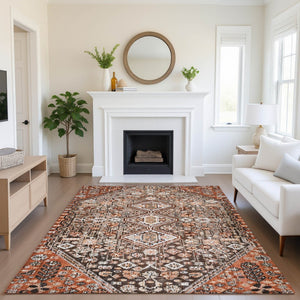 HomeRoots 5' X 8' Geometric Area Rug in Chocolate, Rust & Ivory - Washable, UV-Protected & Stain-Resistant! 705151