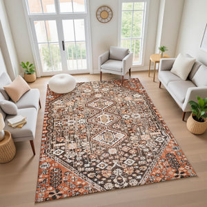 HomeRoots 5' X 8' Geometric Area Rug in Chocolate, Rust & Ivory - Washable, UV-Protected & Stain-Resistant! 705151