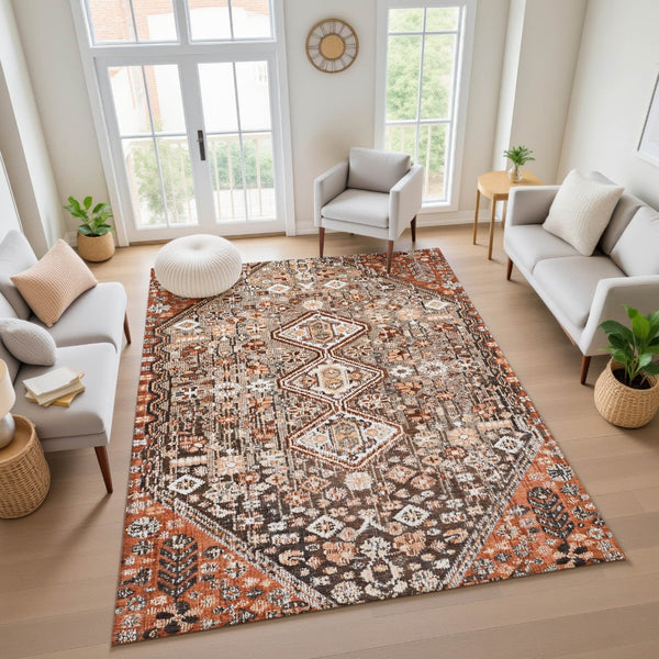 HomeRoots 5' X 8' Geometric Area Rug in Chocolate, Rust & Ivory - Washable, UV-Protected & Stain-Resistant! 705151