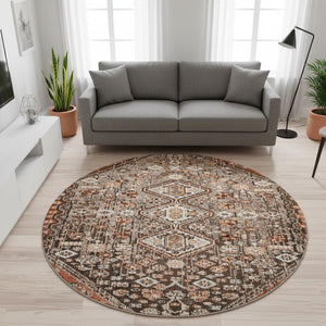 HomeRoots 8' Washable Round Rug in Chocolate, Rust & Ivory – Durable, Stain-Resistant, UV Protected Style! 705152