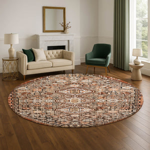 HomeRoots 8' Washable Round Rug in Chocolate, Rust & Ivory – Durable, Stain-Resistant, UV Protected Style! 705152