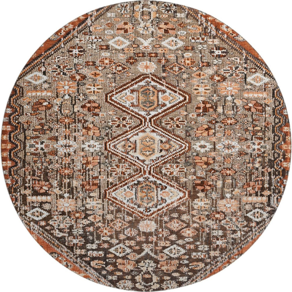 HomeRoots 8' Washable Round Rug in Chocolate, Rust & Ivory – Durable, Stain-Resistant, UV Protected Style! 705152