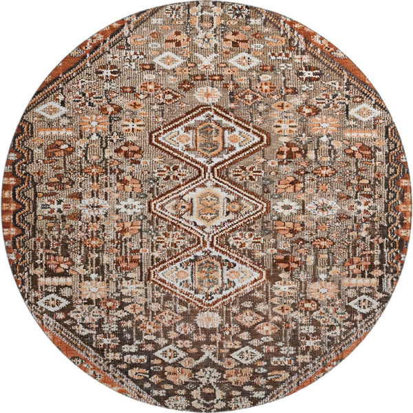 HomeRoots 8' Washable Round Rug in Chocolate, Rust & Ivory – Durable, Stain-Resistant, UV Protected Style! 705152
