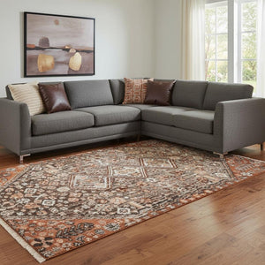HomeRoots 8' X 10' Geometric Washable Area Rug in Chocolate, Rust & Ivory - Stylish, Stain-Resistant & UV Protected! 705153