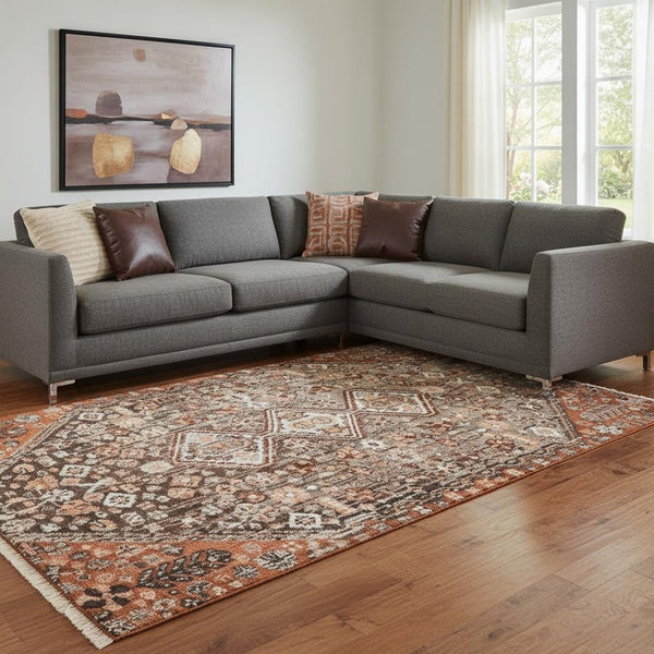 HomeRoots 8' X 10' Geometric Washable Area Rug in Chocolate, Rust & Ivory - Stylish, Stain-Resistant & UV Protected! 705153