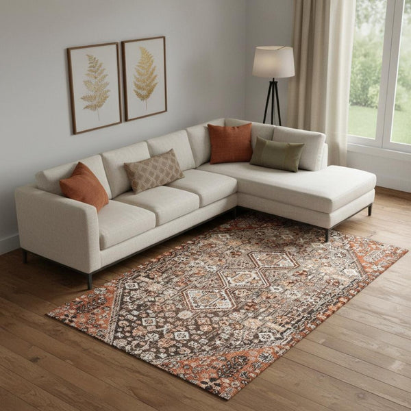 HomeRoots 9' X 12' Geometric Washable Area Rug in Chocolate, Rust & Ivory - Durable, UV Protected & Stylish! 705154
