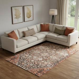 HomeRoots 10' X 14' Chocolate Rust & Ivory Geometric Area Rug - Durable, Washable, UV Protected for Families 705155