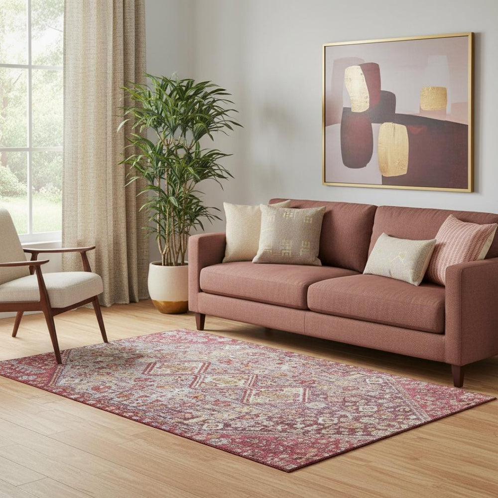 HomeRoots 5' X 8' Merlot & Lavender Geometric Area Rug – Washable, UV-Protected, Modern Style for Any Room 705157