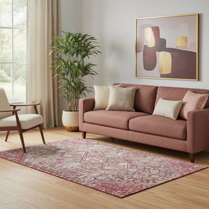 HomeRoots 5' X 8' Merlot & Lavender Geometric Area Rug – Washable, UV-Protected, Modern Style for Any Room 705157
