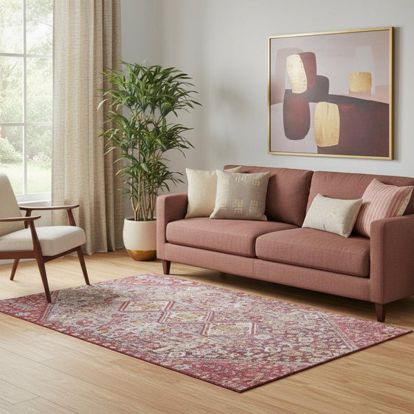 HomeRoots 5' X 8' Merlot & Lavender Geometric Area Rug – Washable, UV-Protected, Modern Style for Any Room 705157
