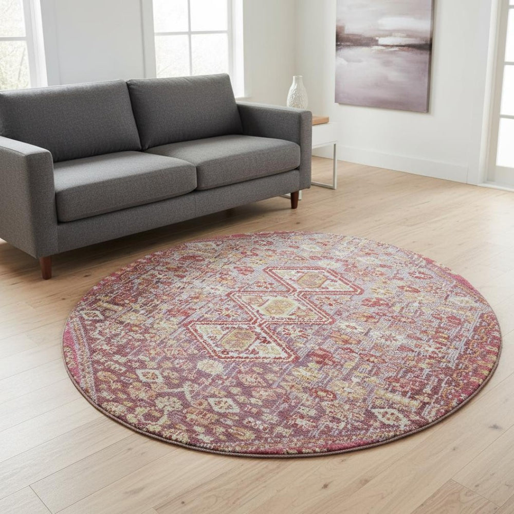HomeRoots 8' Merlot & Lavender Geometric Washable Round Rug - UV Protected, Durable, Stylish for Every Home 705158