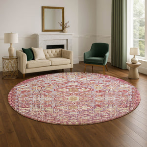 HomeRoots 8' Merlot & Lavender Geometric Washable Round Rug - UV Protected, Durable, Stylish for Every Home 705158