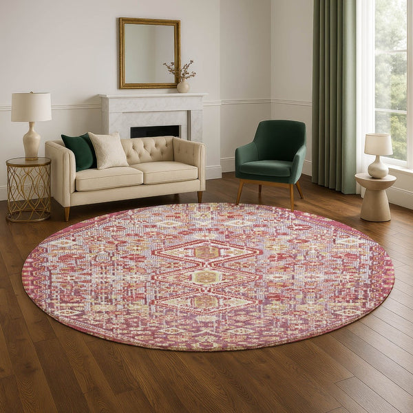 HomeRoots 8' Merlot & Lavender Geometric Washable Round Rug - UV Protected, Durable, Stylish for Every Home 705158