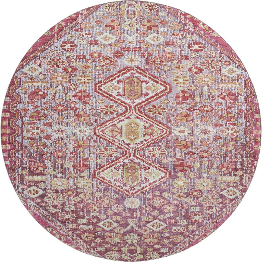 HomeRoots 8' Merlot & Lavender Geometric Washable Round Rug - UV Protected, Durable, Stylish for Every Home 705158