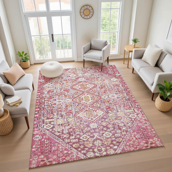 HomeRoots 10' X 14' Merlot & Lavender Geometric Area Rug - Durable, Stain-Resistant, UV Protected, Non-Slip Design 705161