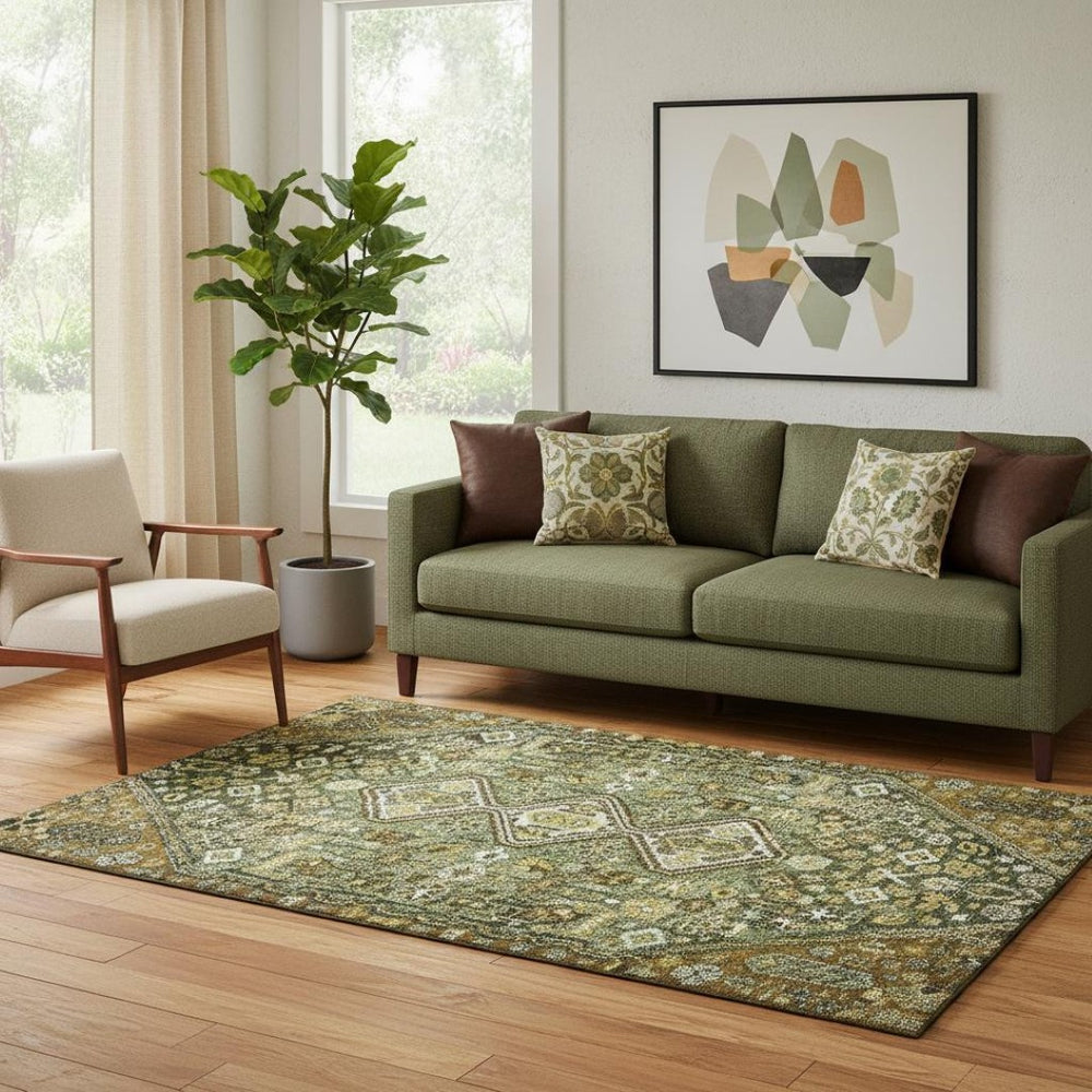 HomeRoots 5' Stylish Olive Green Geometric Area Rug – Washable, UV Protected, Non-Slip, Perfect for Family Spaces 705163