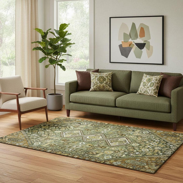 HomeRoots 5' Stylish Olive Green Geometric Area Rug – Washable, UV Protected, Non-Slip, Perfect for Family Spaces 705163