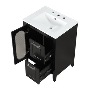 English Elm 24" Bathroom Vanity with Sink Solid Wood & Ceramic Top, Modern Freestanding Cabinet with Drawers Black N725P351849B