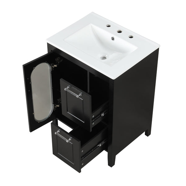 English Elm 24" Bathroom Vanity with Sink Solid Wood & Ceramic Top, Modern Freestanding Cabinet with Drawers Black N725P351849B