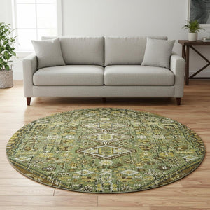HomeRoots 8' Stylish Olive Green, Ivory & Brown Geometric Round Rug - Washable, UV-Protected, Stain-Resistant! 705164