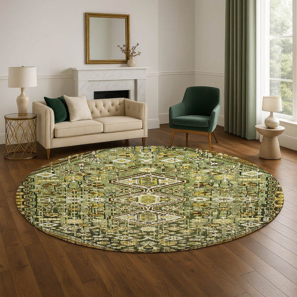 HomeRoots 8' Stylish Olive Green, Ivory & Brown Geometric Round Rug - Washable, UV-Protected, Stain-Resistant! 705164